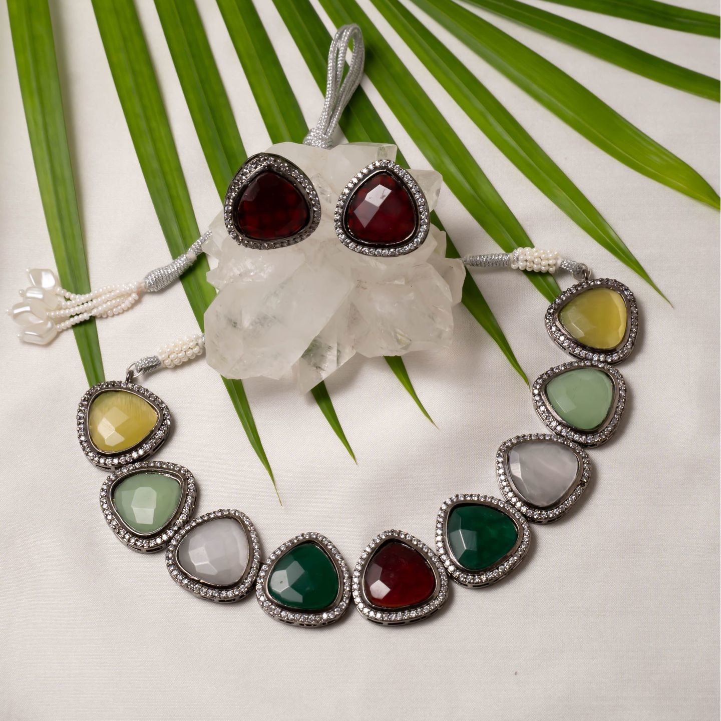 Yellow Red Green Multi Triangle Stone Ad Silver Tone Necklace Set