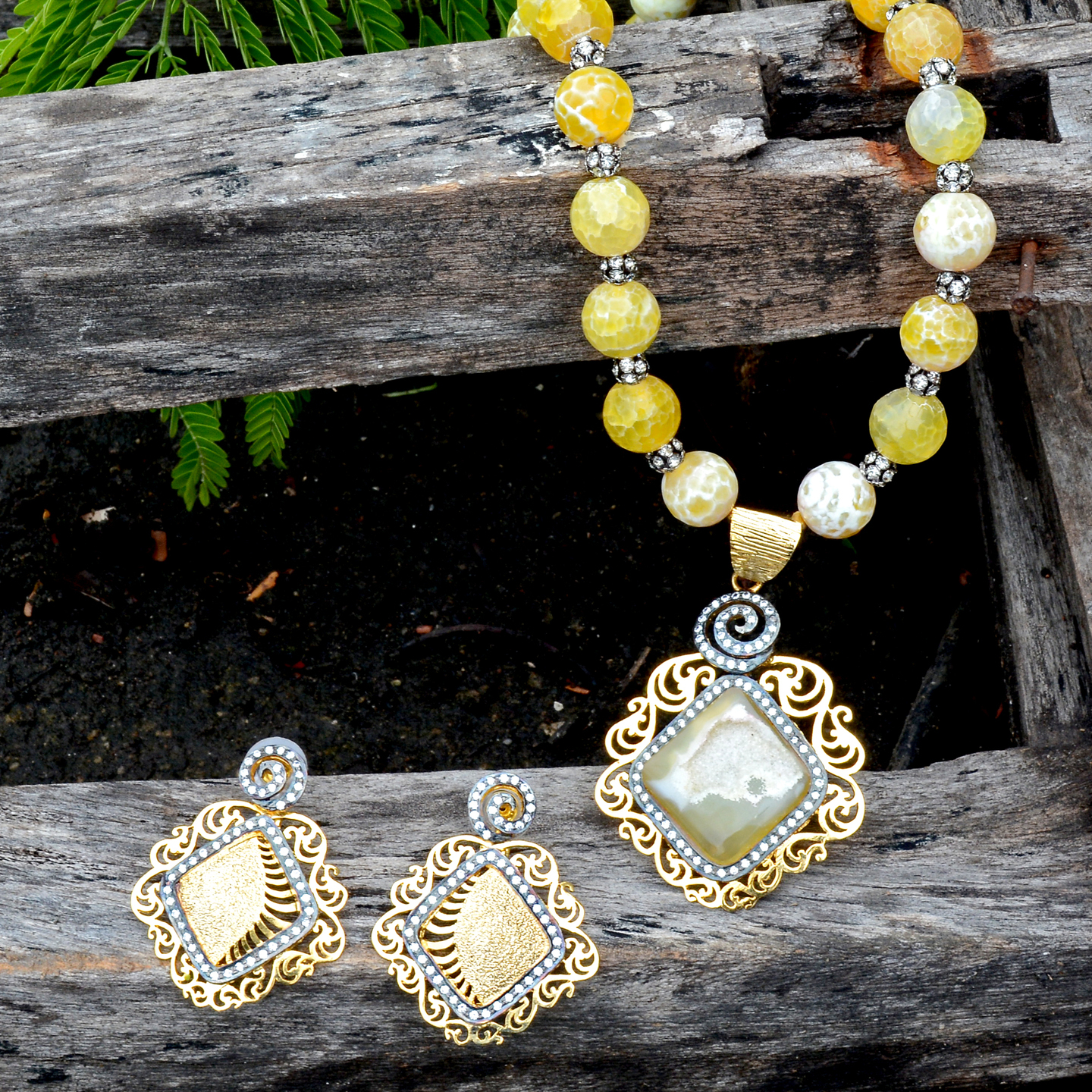 Yellow Druzy AD Rectangle Handmade Gemstone Pendant Earring Set