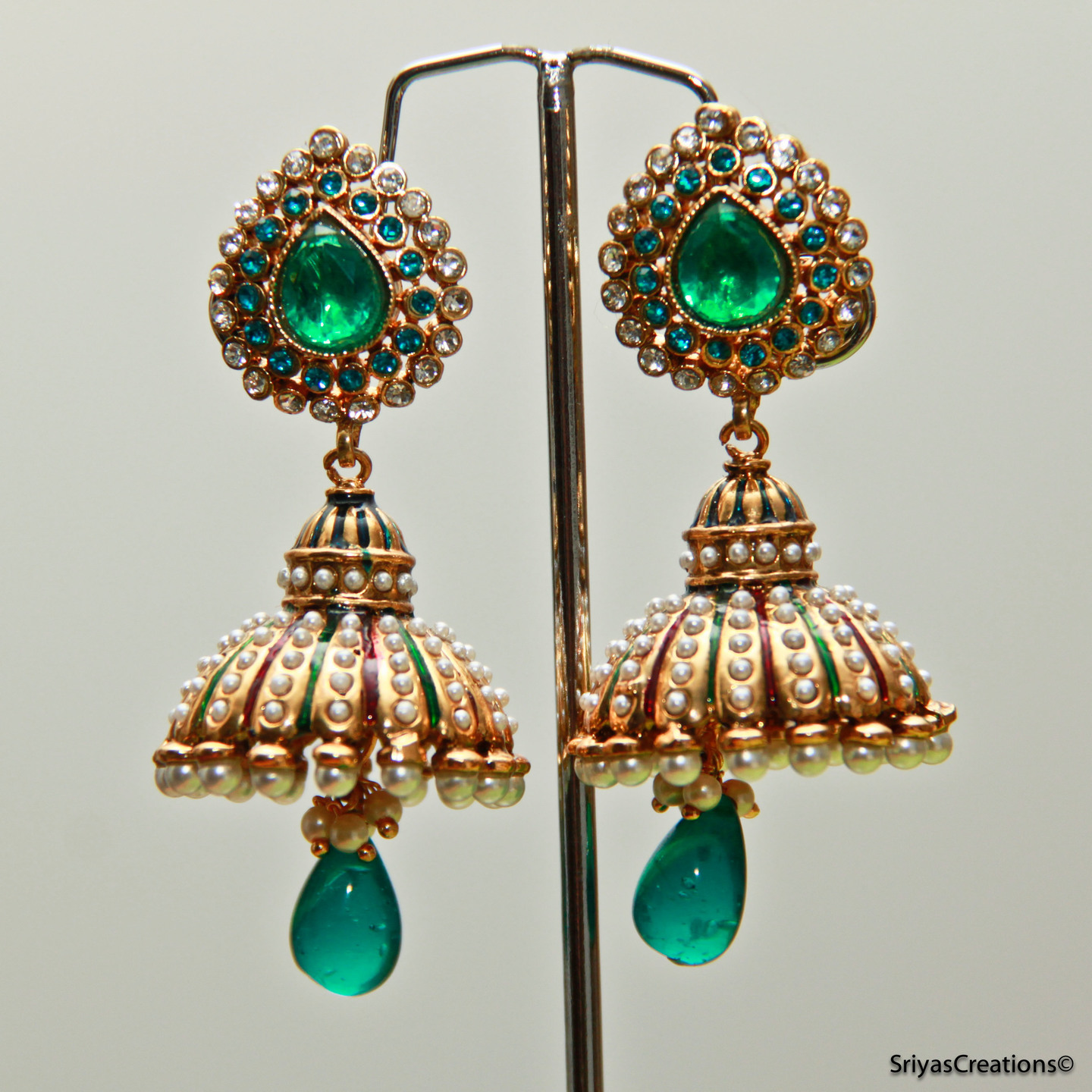 Green Drop & Pearl Studded Jhumka