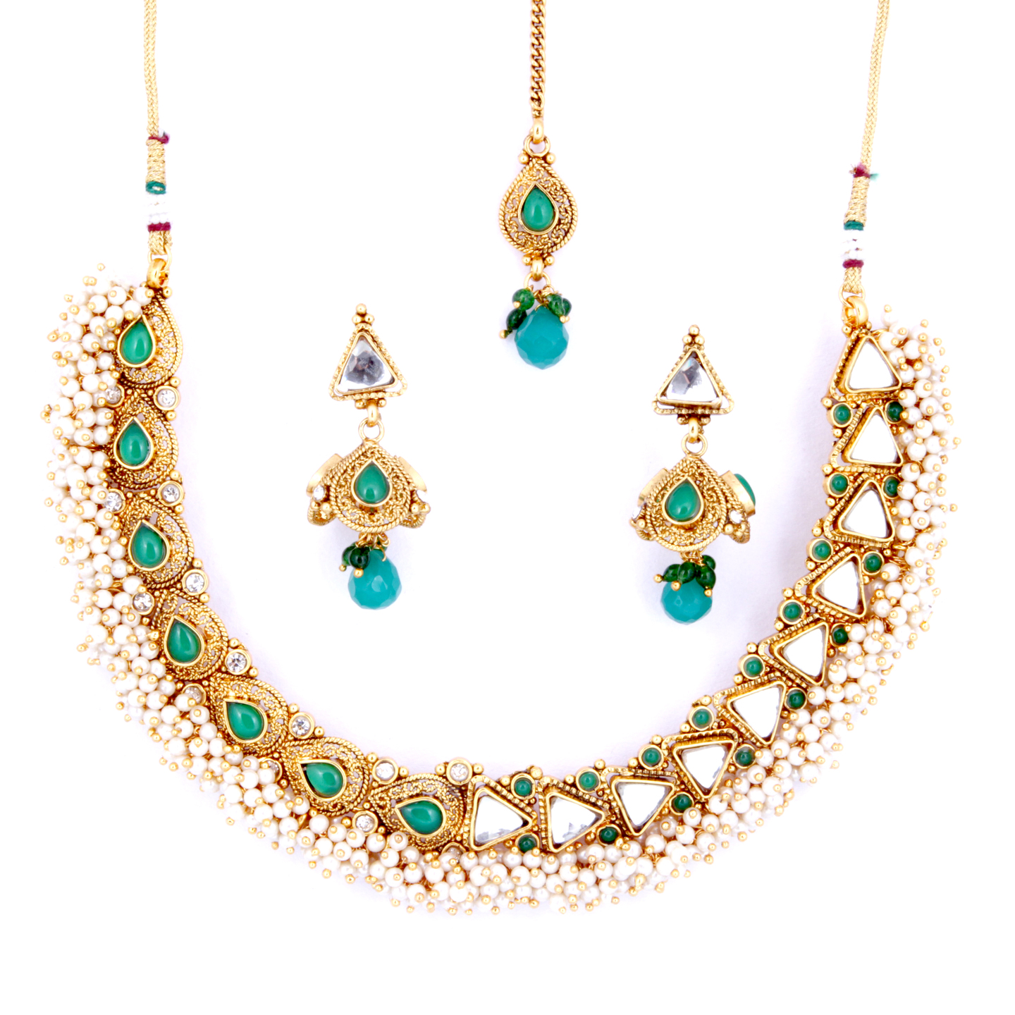 Green Stone  Pearl Necklace  Earring