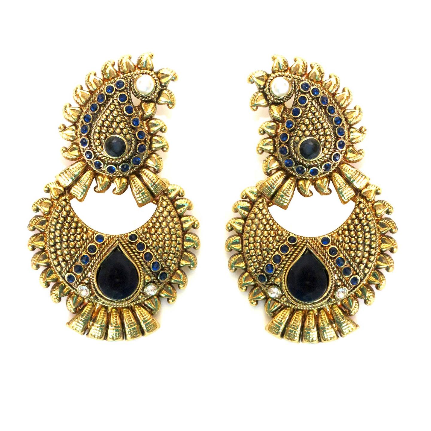 Paisley Stud Crescent Drop Earrings - Blue