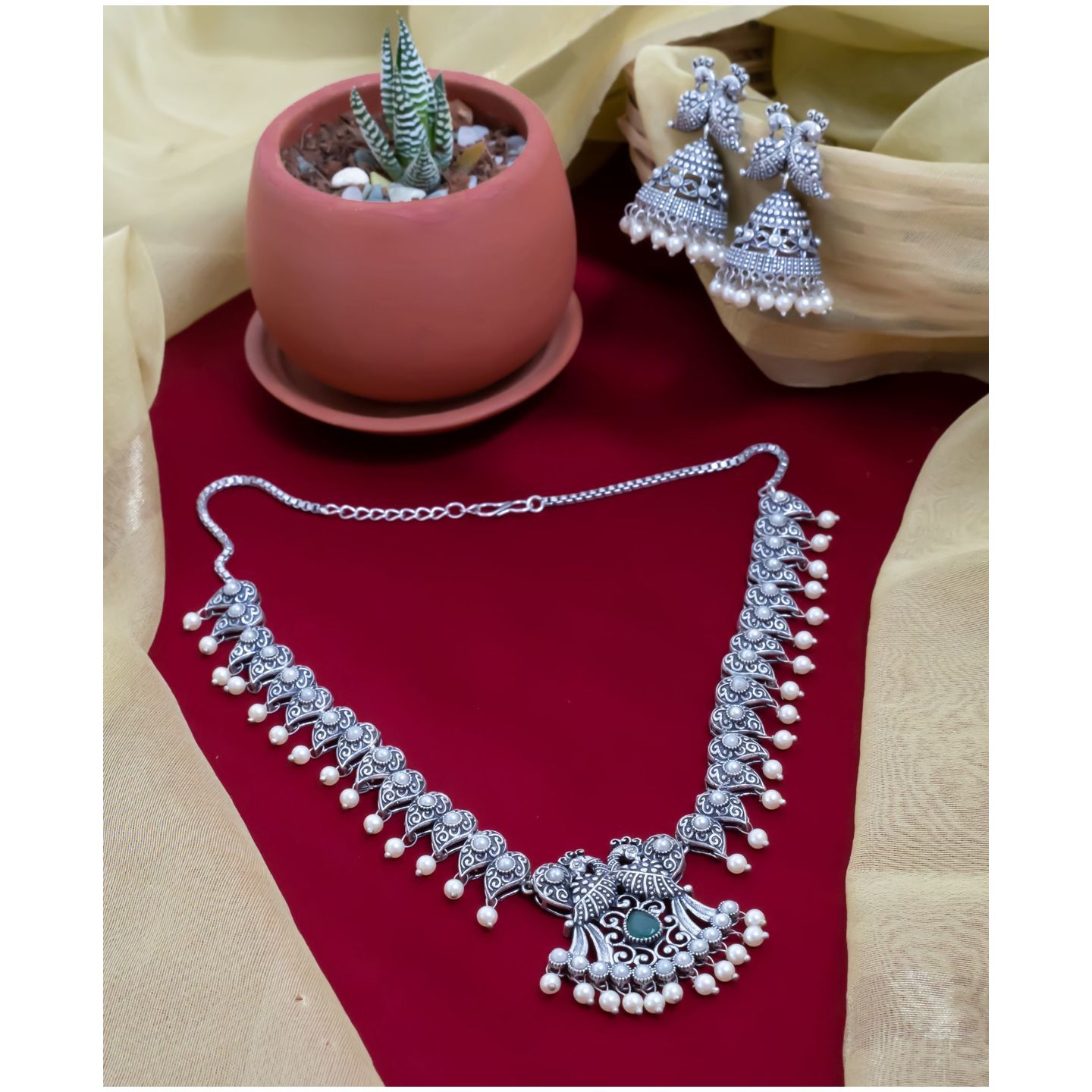 Pearl Peacock Leaf shaped Neckpiece & Jhumka Earring Set