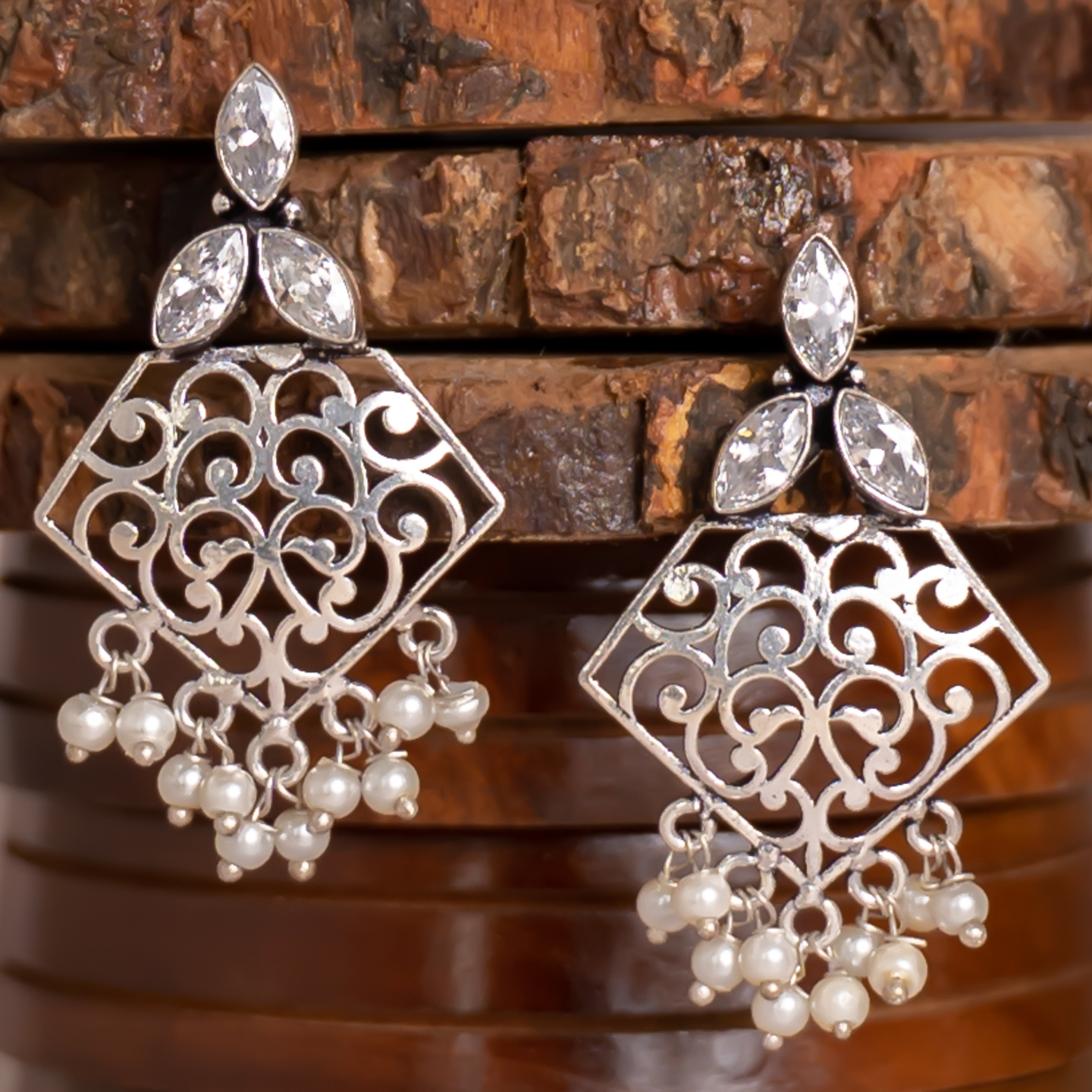 White Three Stone Silver Jali Earrings