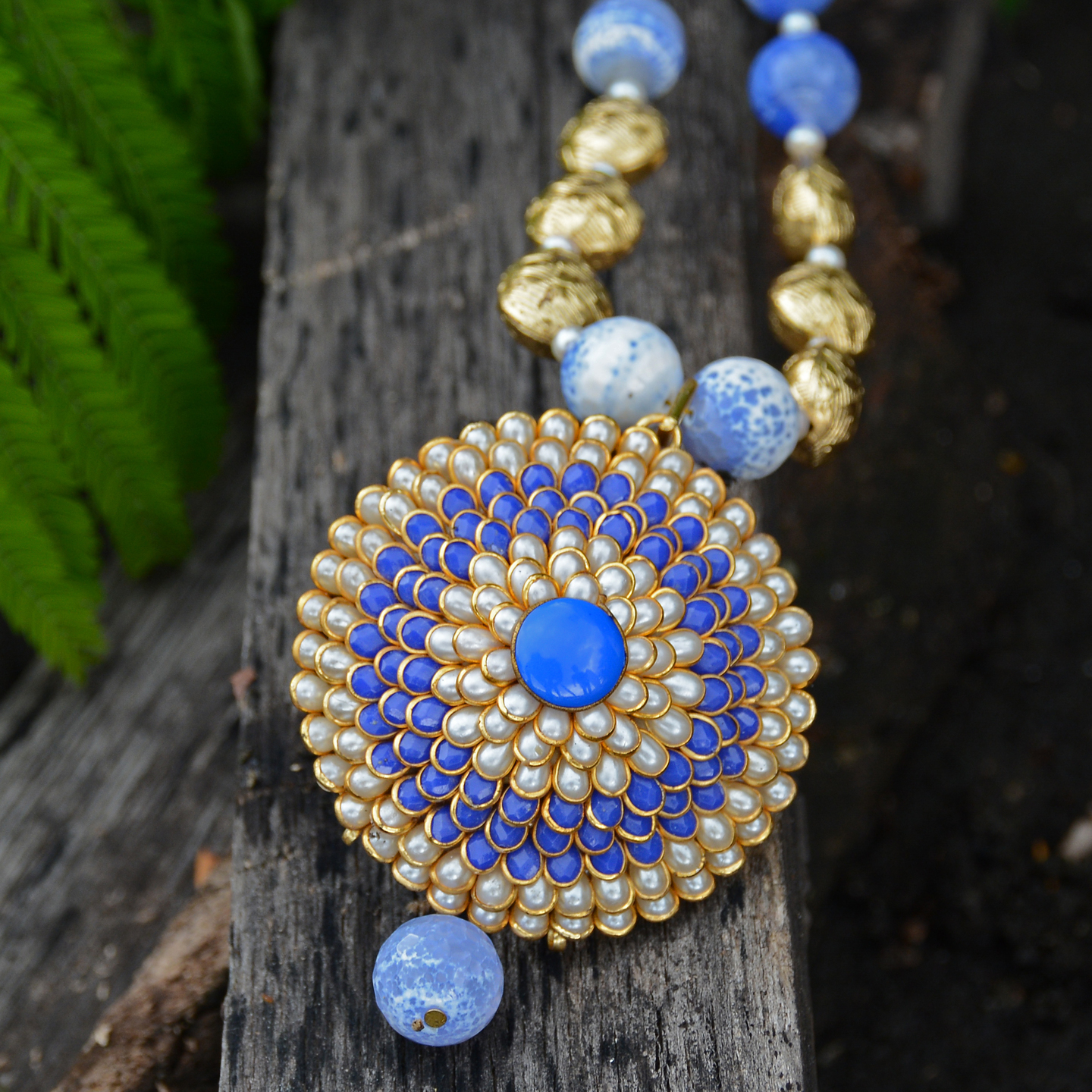 Blue Pearl Floral Pachi Layered Necklace Set