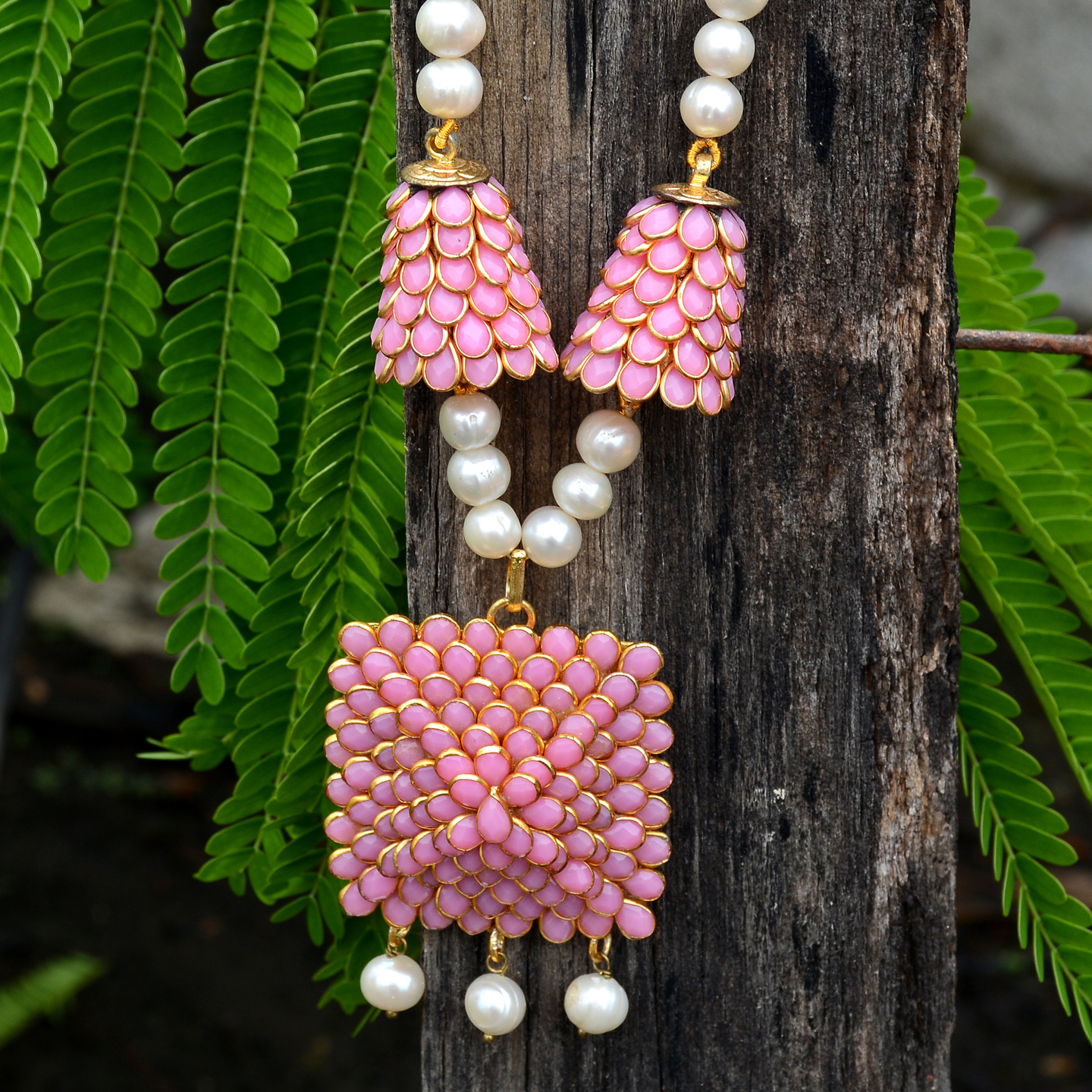 Pink Pachi Pendant & Pearl Long Necklace Set