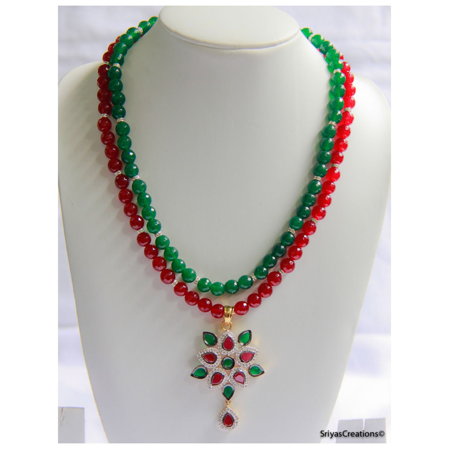 Red Green Multi Layered Necklace Set