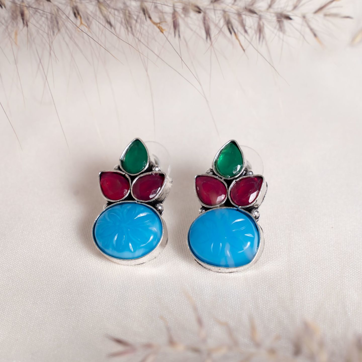 Turquoise Round & Red Green Leaf shaped Stud