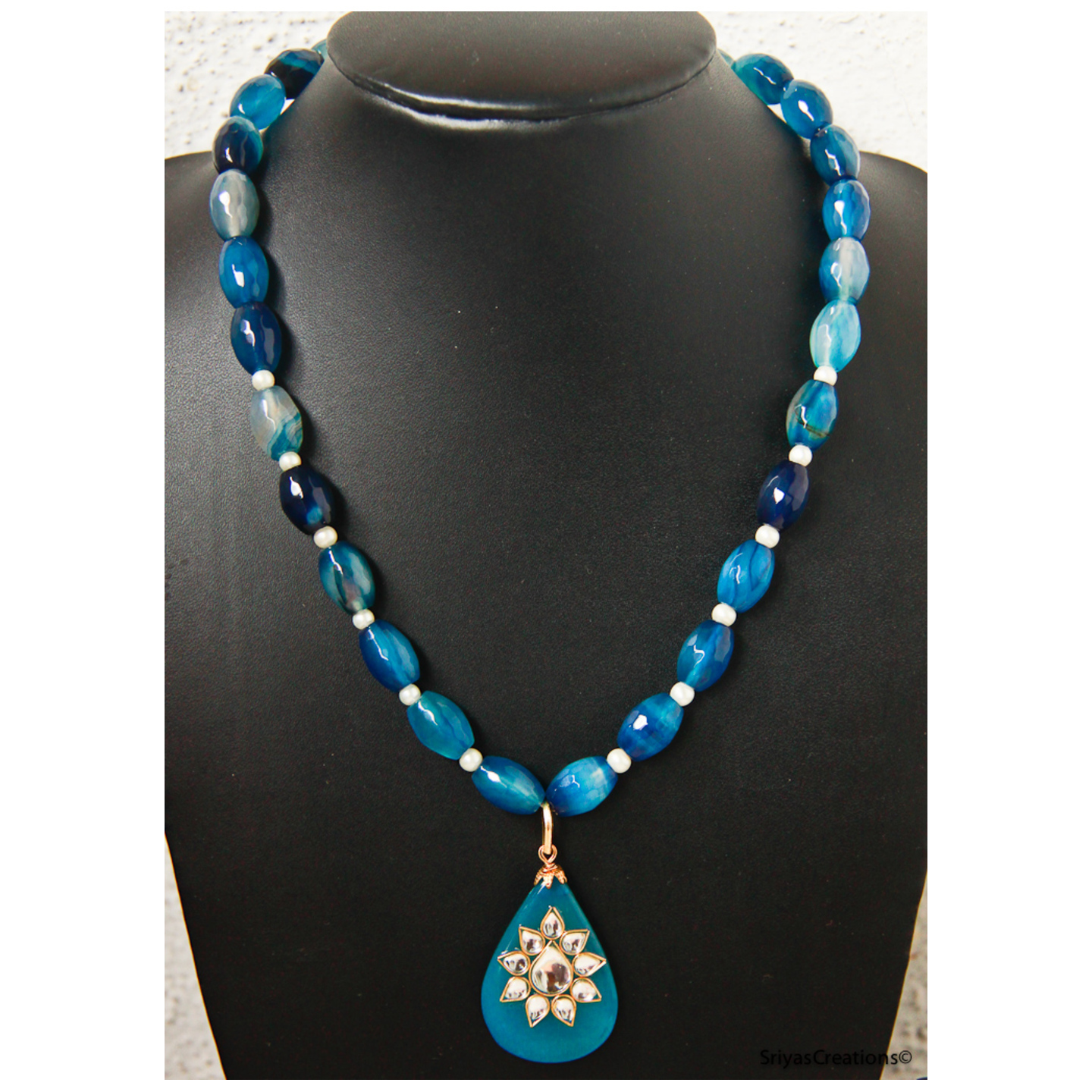 Blue Beaded Drop Pendant Necklace Set