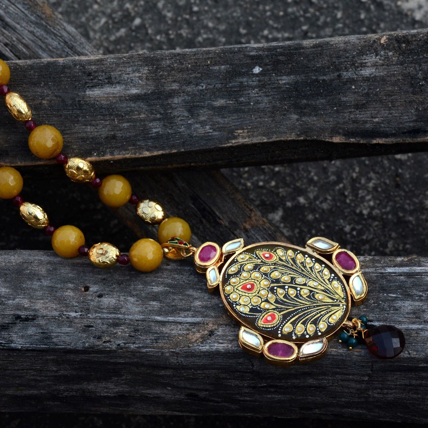 Honey Yellow Tanjore Kundan Floral Designer Handmade Necklace