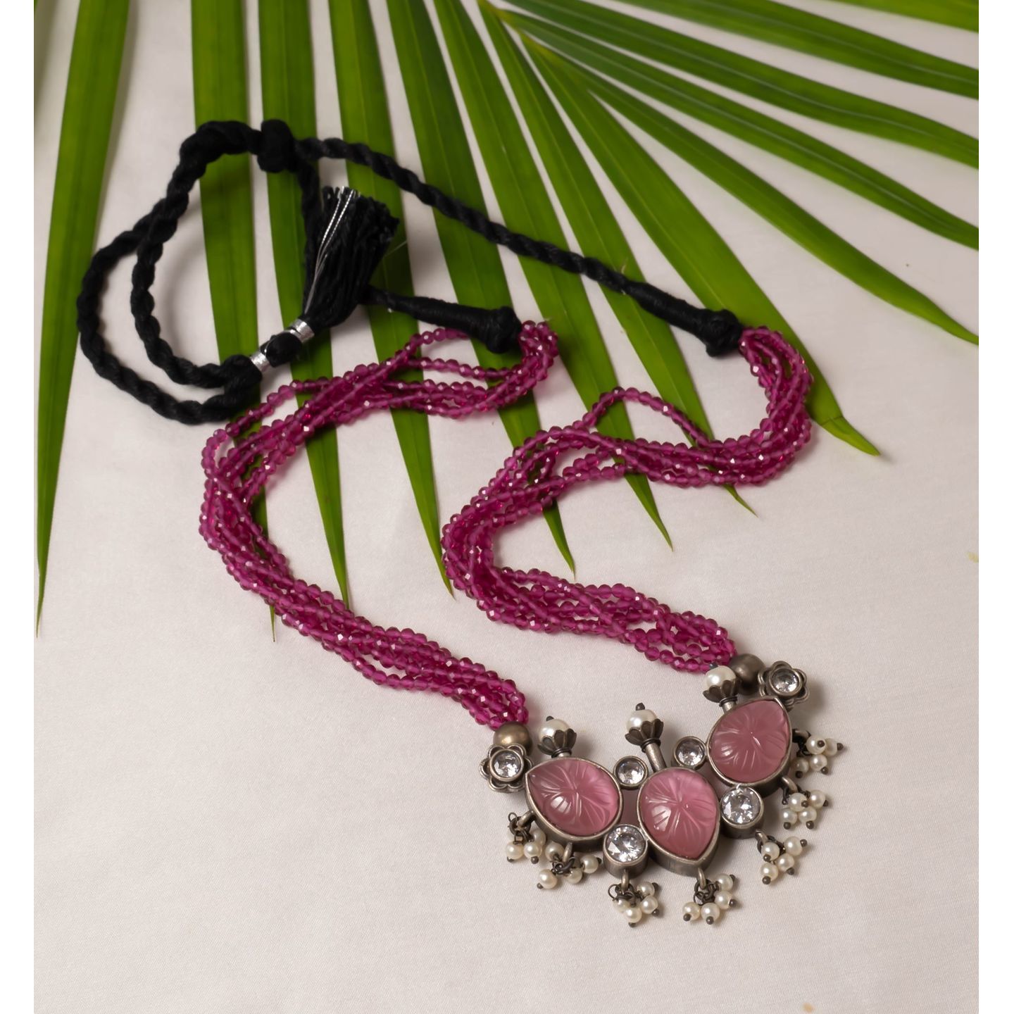 Pink Stone Carved Multi Layer Necklace