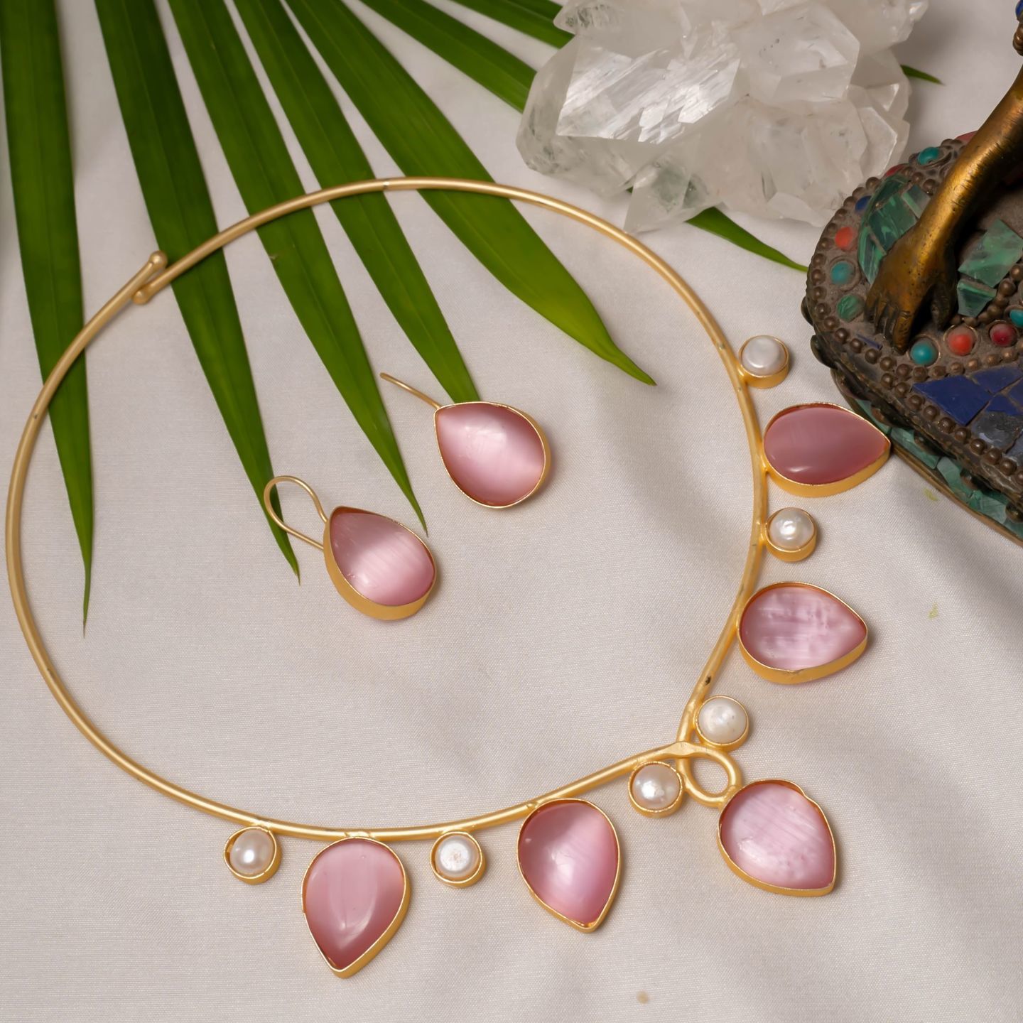 Pink Pearl Drop Choker Necklace Set