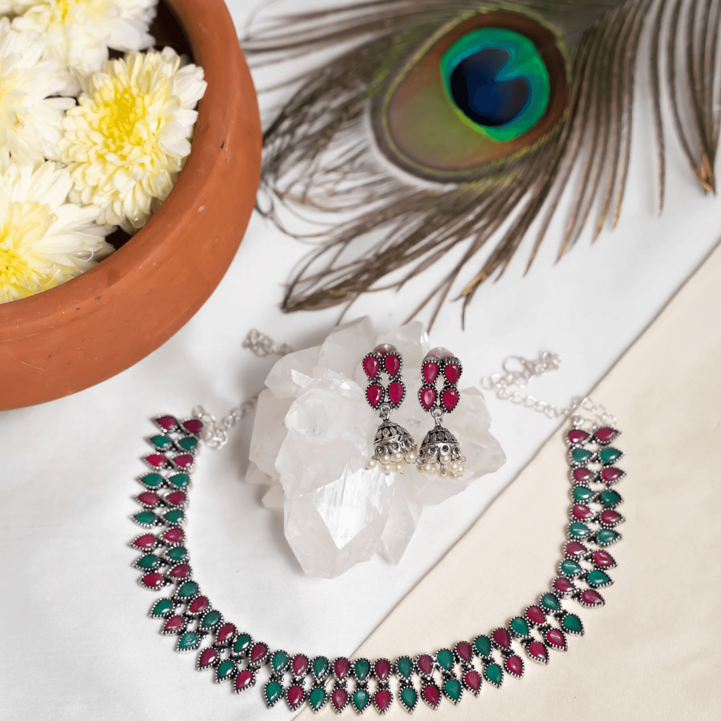Red Green Drop Stone Two Layer Silver Tone Necklace Set