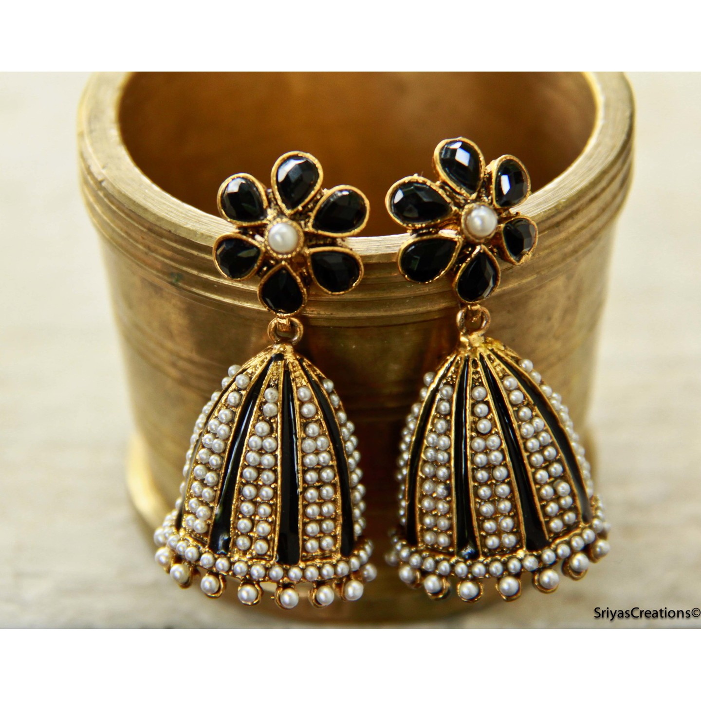 Black Floral Pearl Layer Jhumka