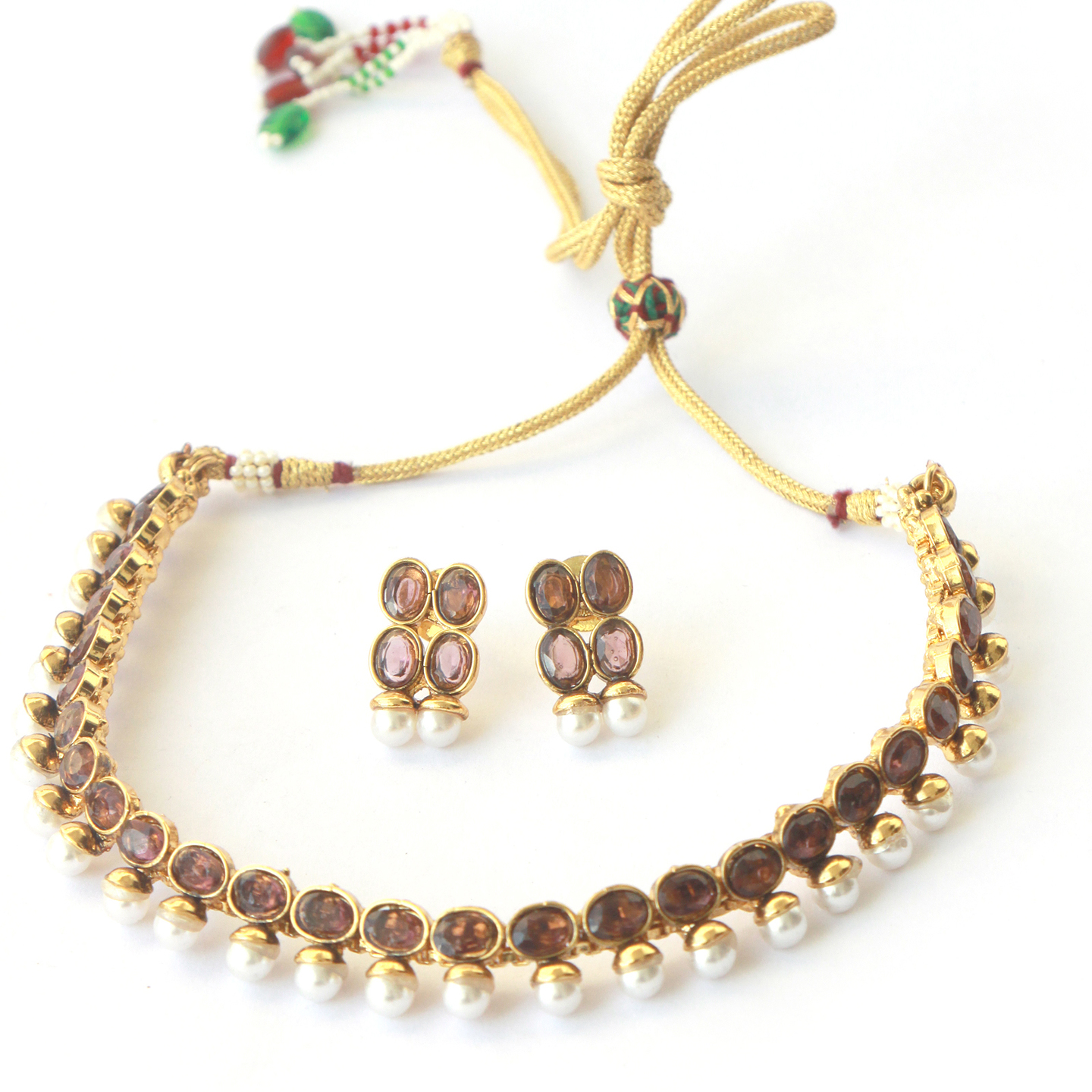 Purple Oval Stone Pearl Necklace Set