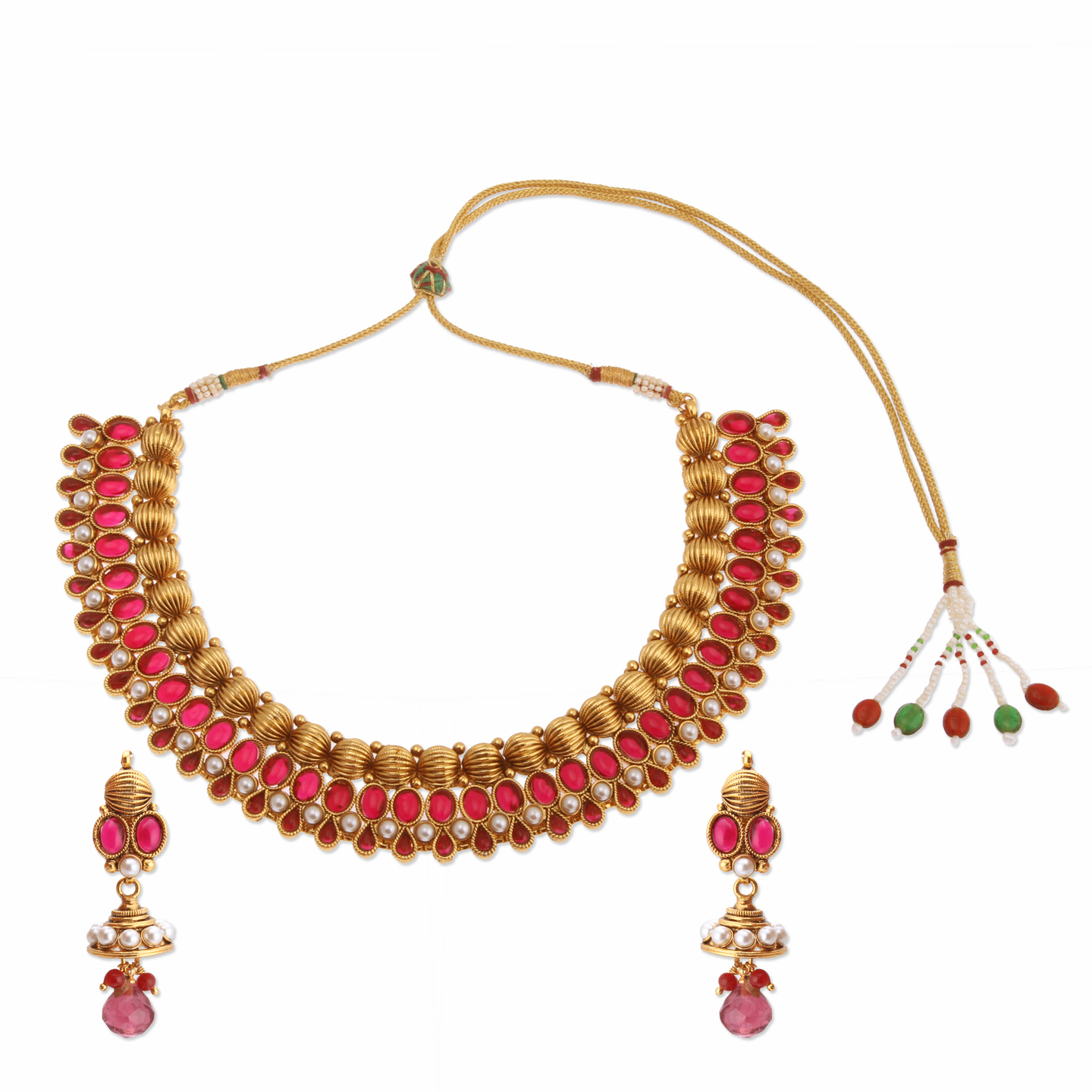 Red & Gold Layered Necklace & Jumka