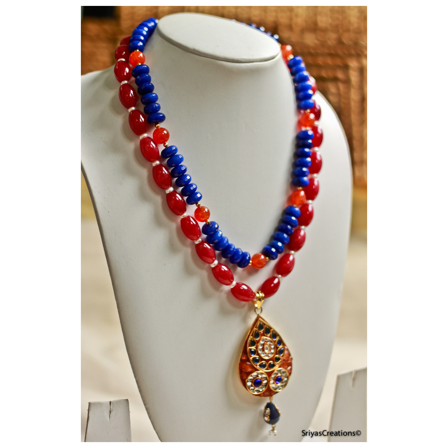 Blue Peach & Orange Kundan Pendant Layered Necklace Set