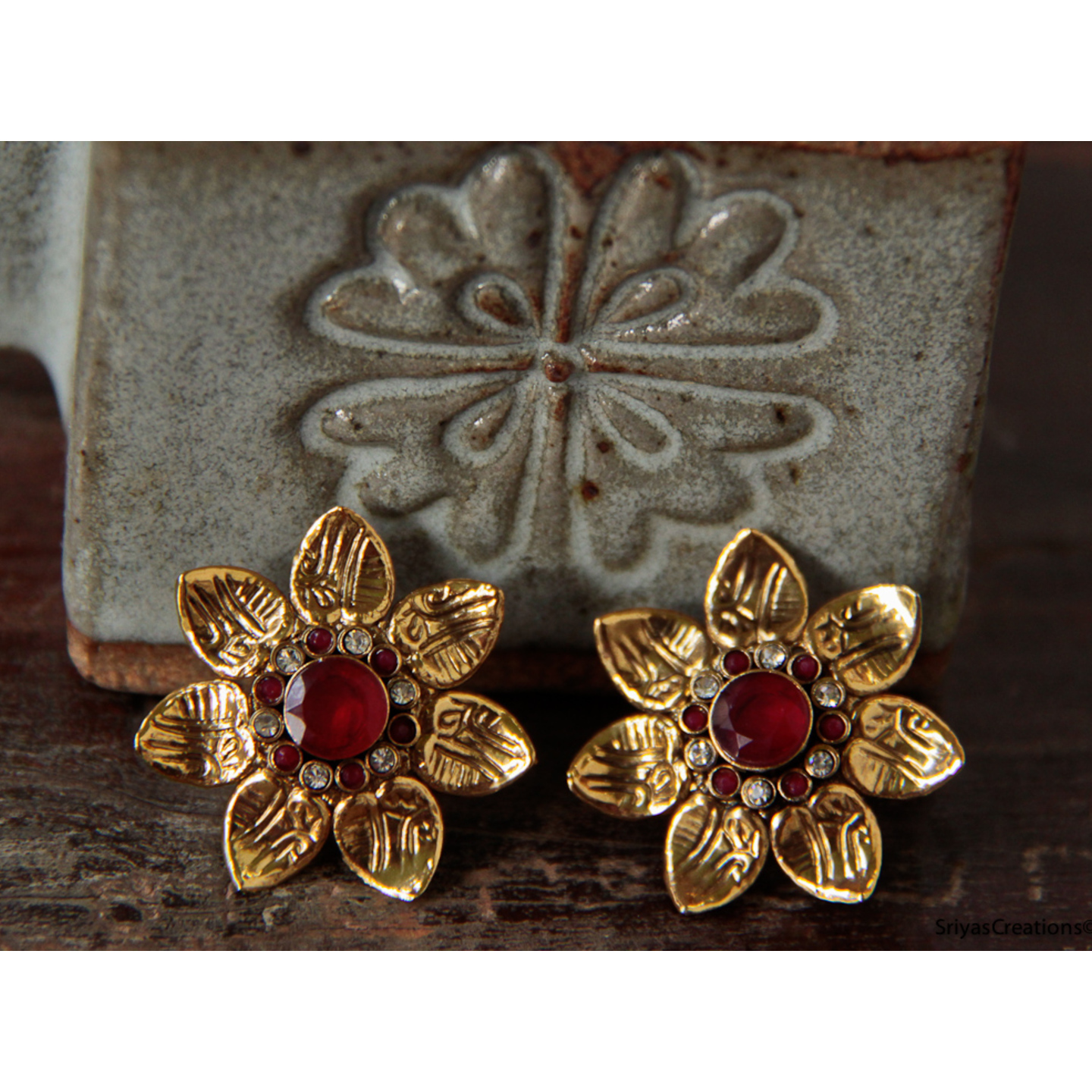 Coral Red Floral Stud
