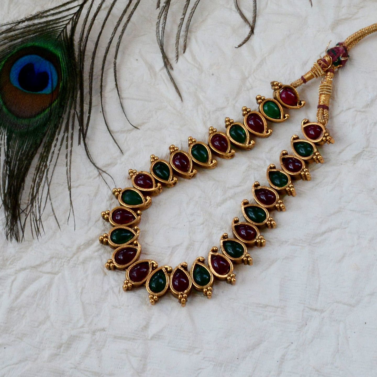 Green Red Stone Studded Mango Choker Matte Necklace Set