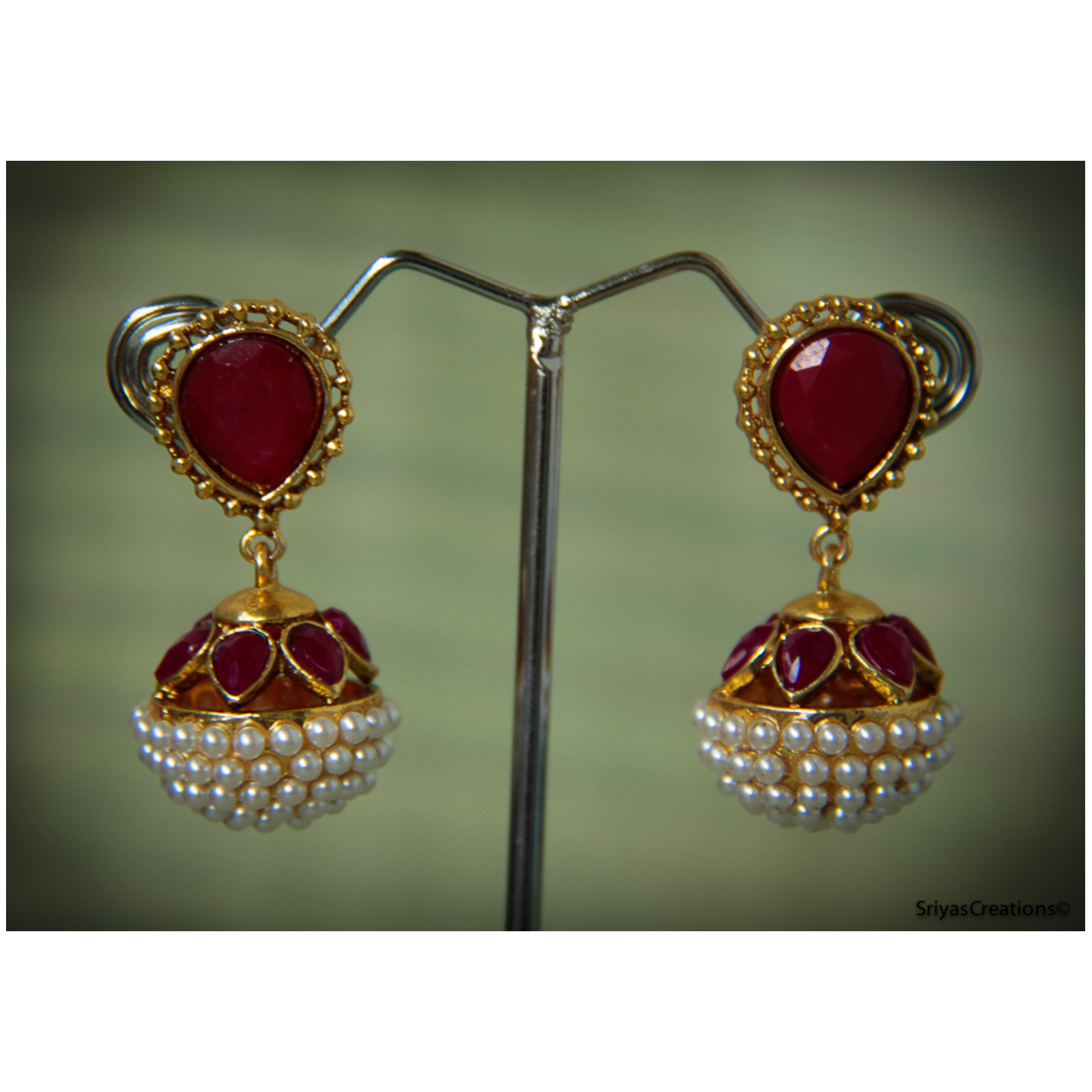 Red Pearl Drop Round Danglers