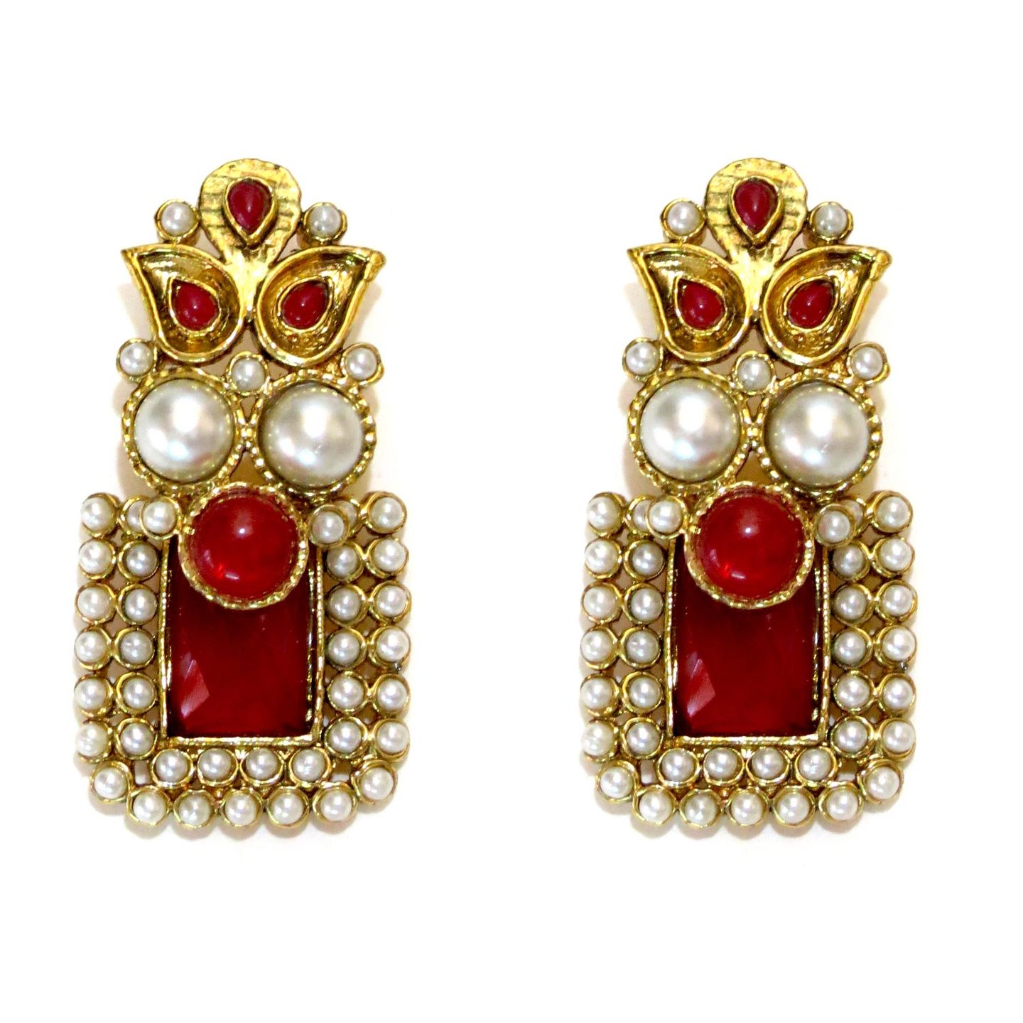 Rectangle Stone Drop Earrings - Red