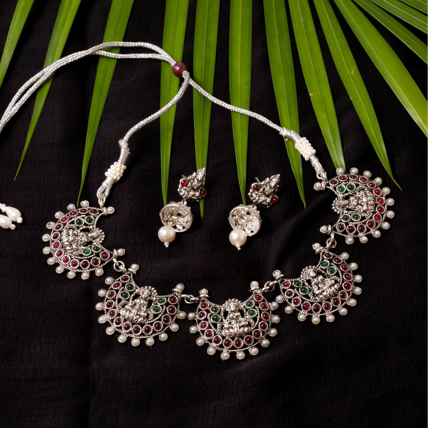Red Green Lakshmi Moon Shaped Necklace Set
