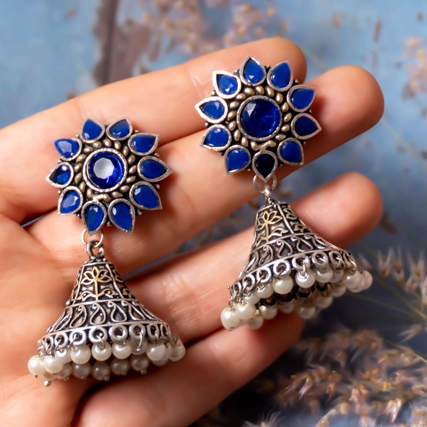 Blue Stone Drop Floral Top & Silver Jhumka