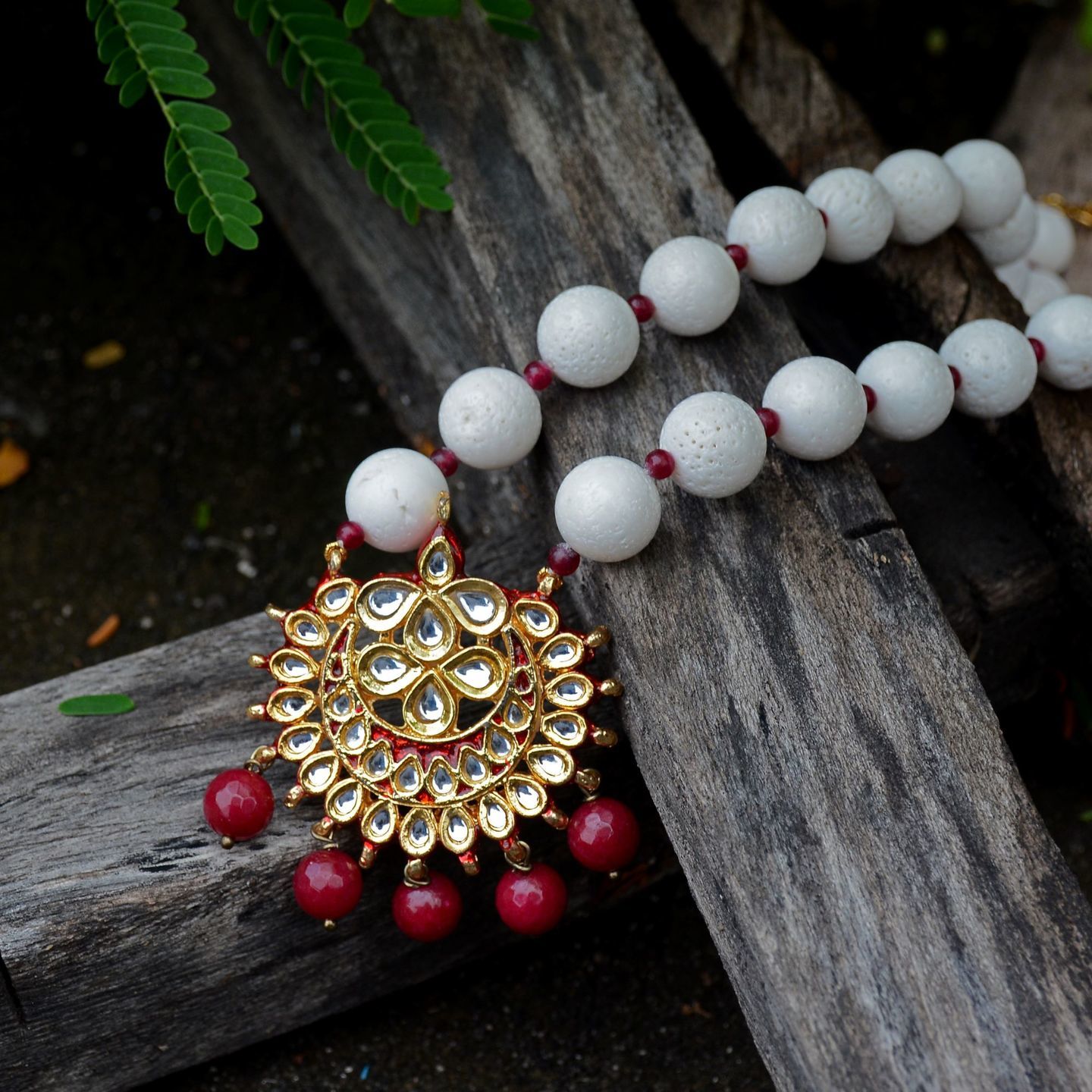 Kundan Pendant White Red Gemstone Handmade Necklace