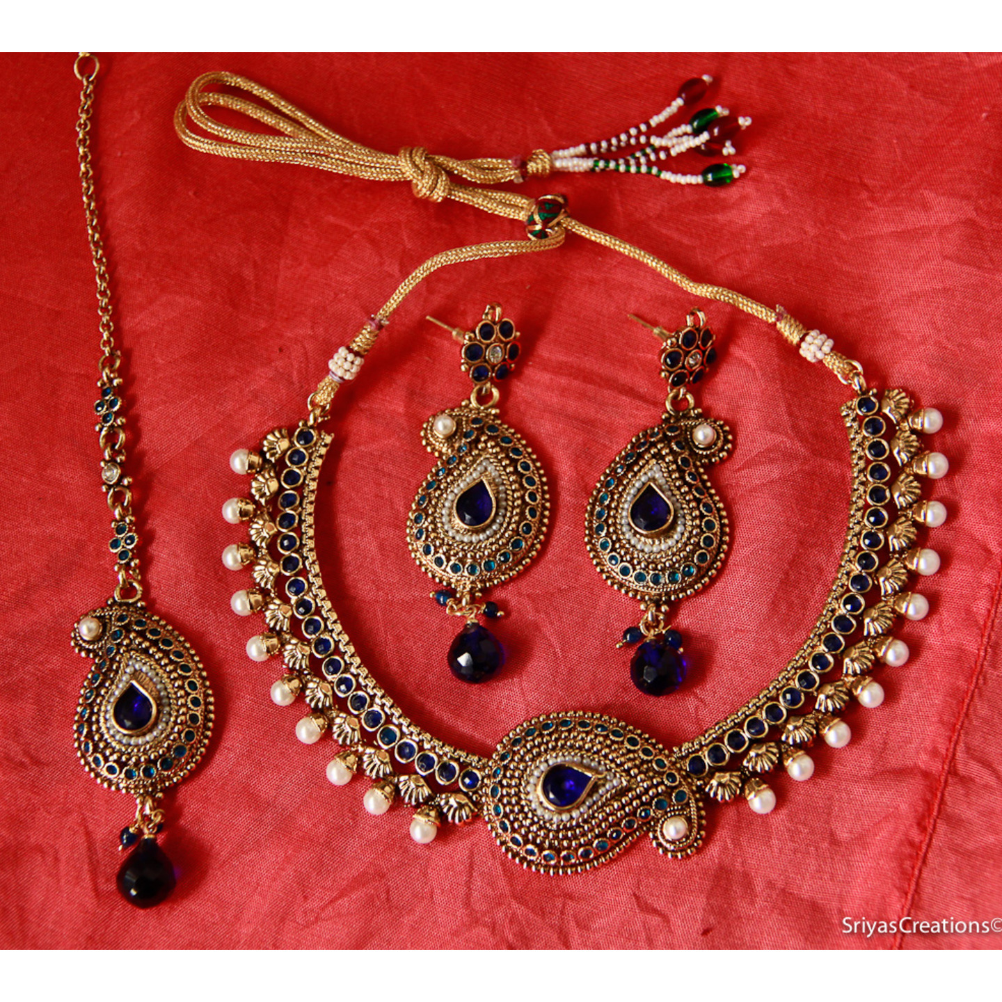 Paisely Stone Embossed Necklace Set - Navy Blue