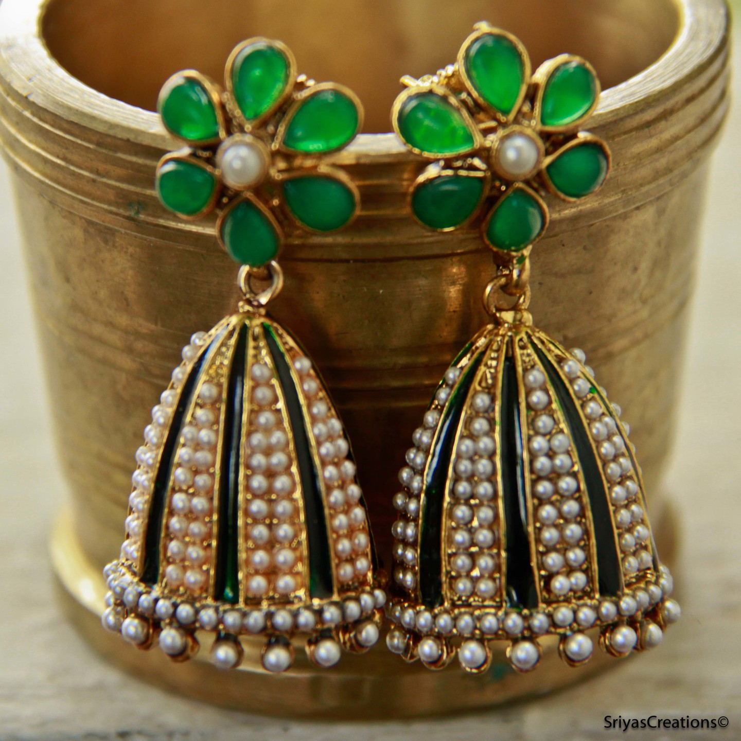 Green Floral Pearl Layer Jhumka