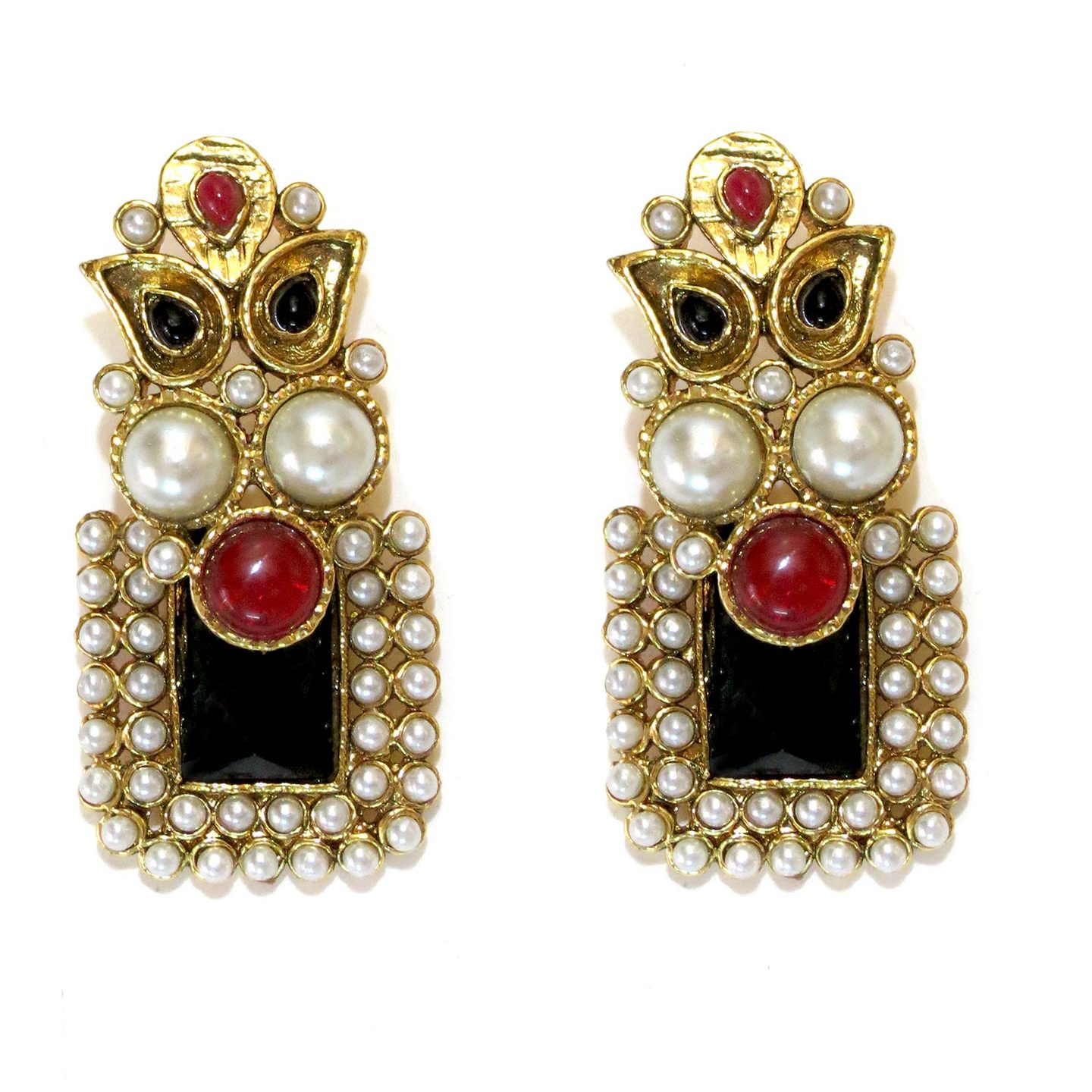 Rectangle Stone Drop Earrings - Black & Red