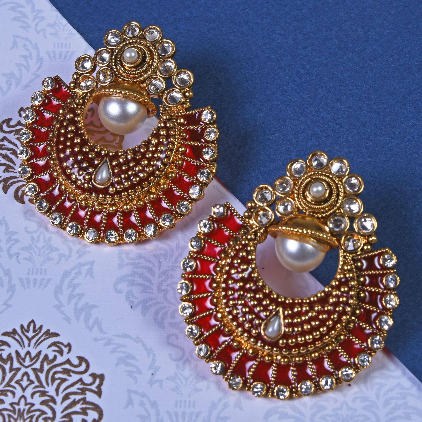 Red Polki Moon Shaped Earrings