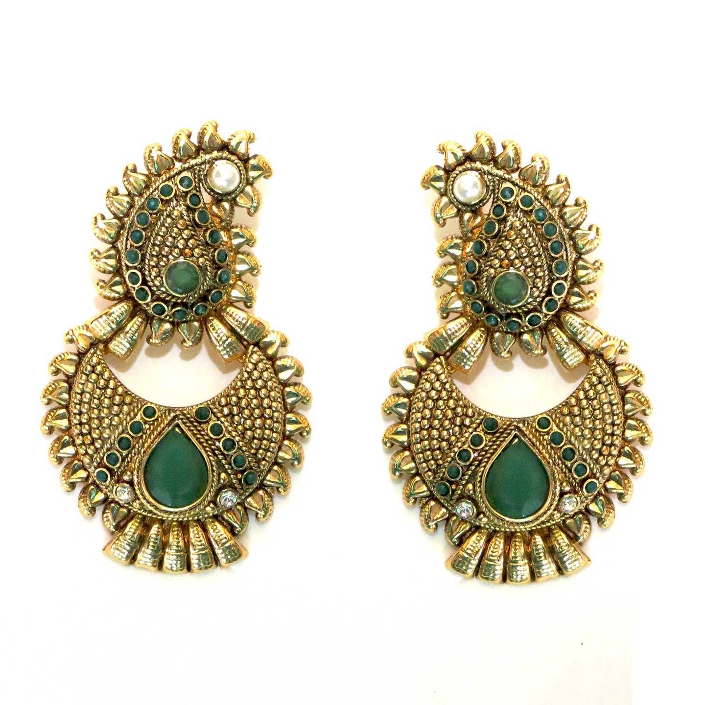 Paisley Stud Crescent Drop Earrings - Green
