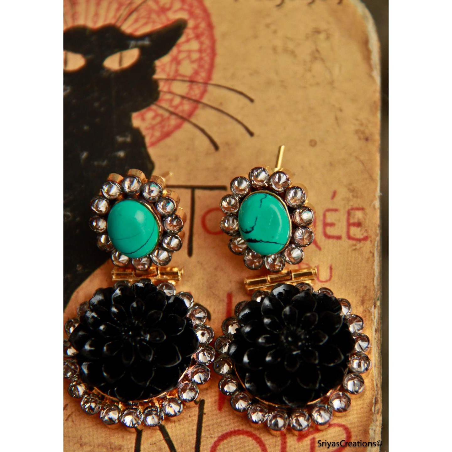 Round Turquoise Black Floral Drop