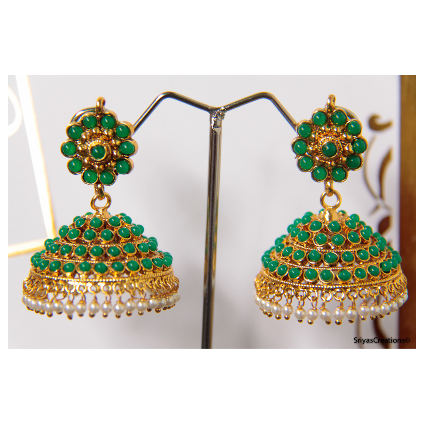 Green Round & Stone Studded Jhumka