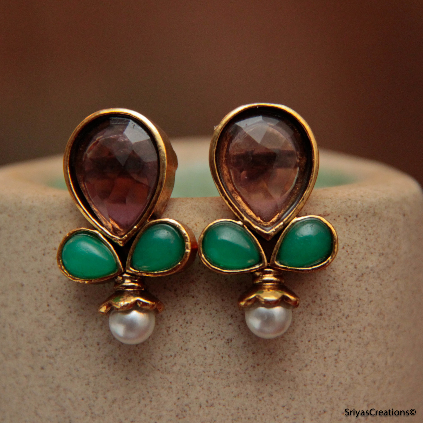 Three Purple & Green Drop Stud