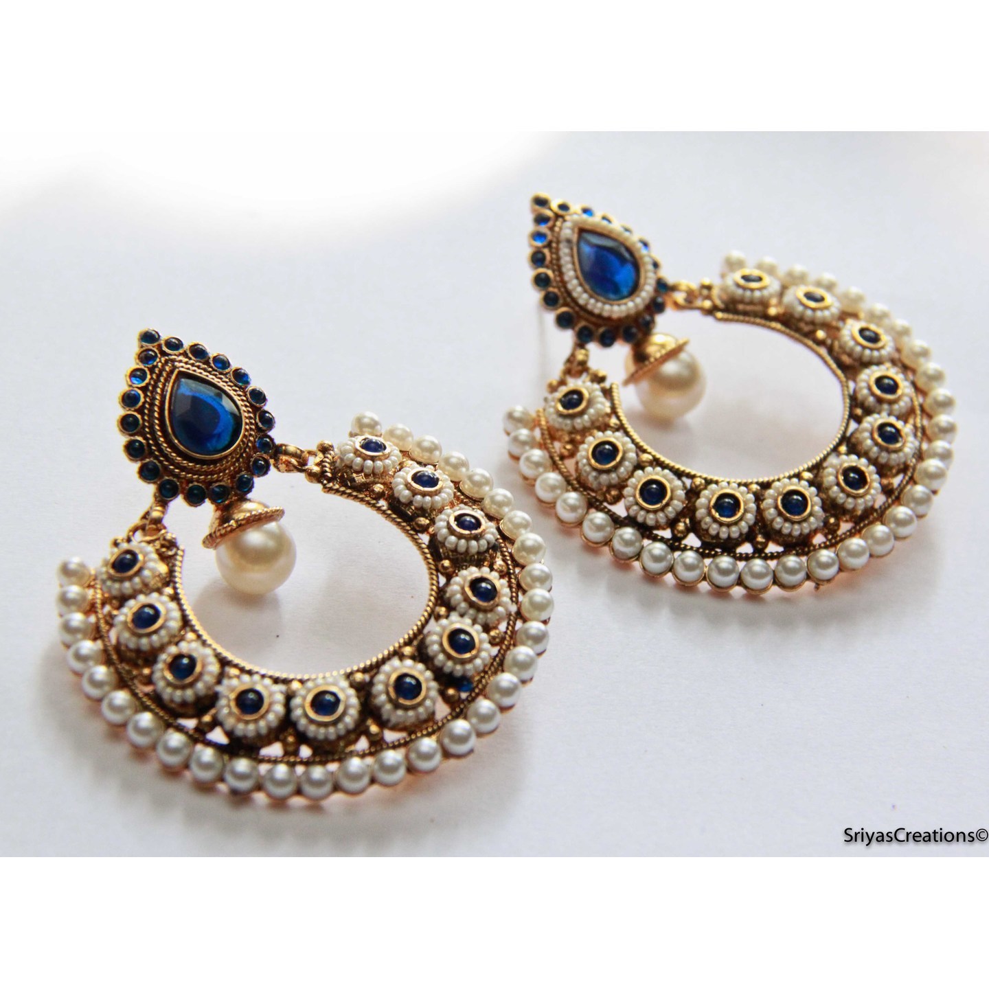 Blue Drop Round Stone & Pearl studded Chand Bali Earrings