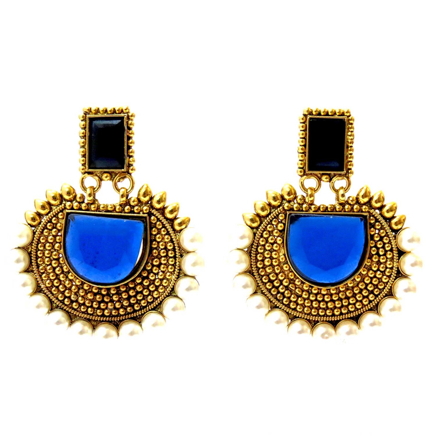 Rectangular Semicircle Stone Earrings - Blue