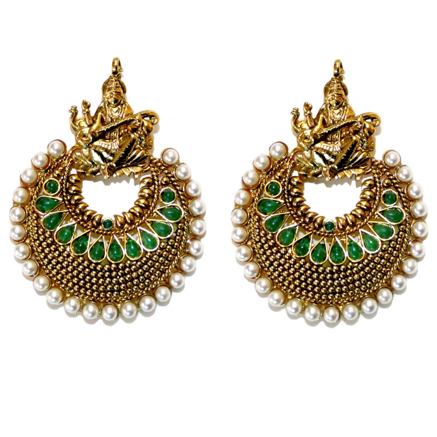 Indian Mythology Pearl Lined Earrings - Green