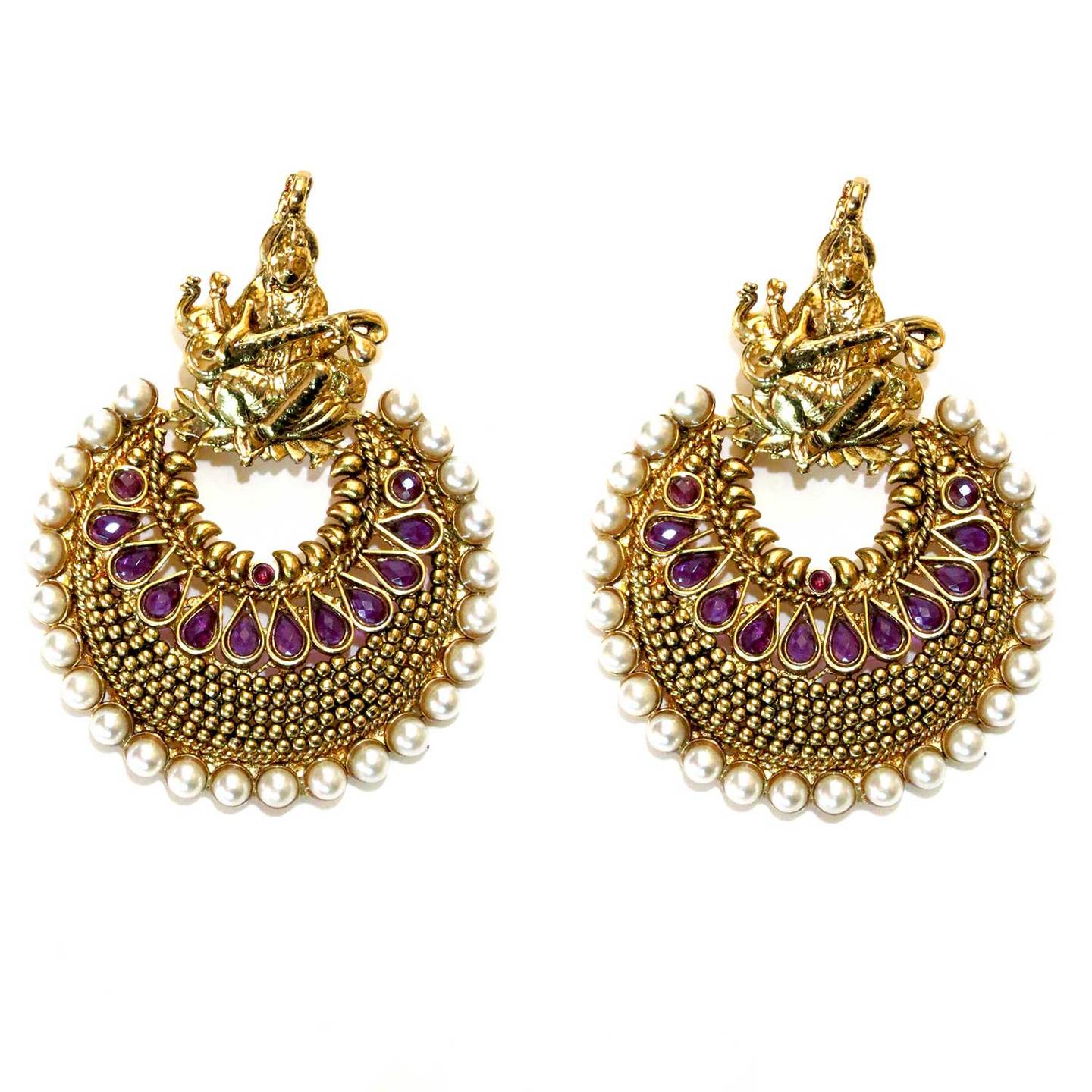 Indian Mythology Pearl Lined Earrings - Purple