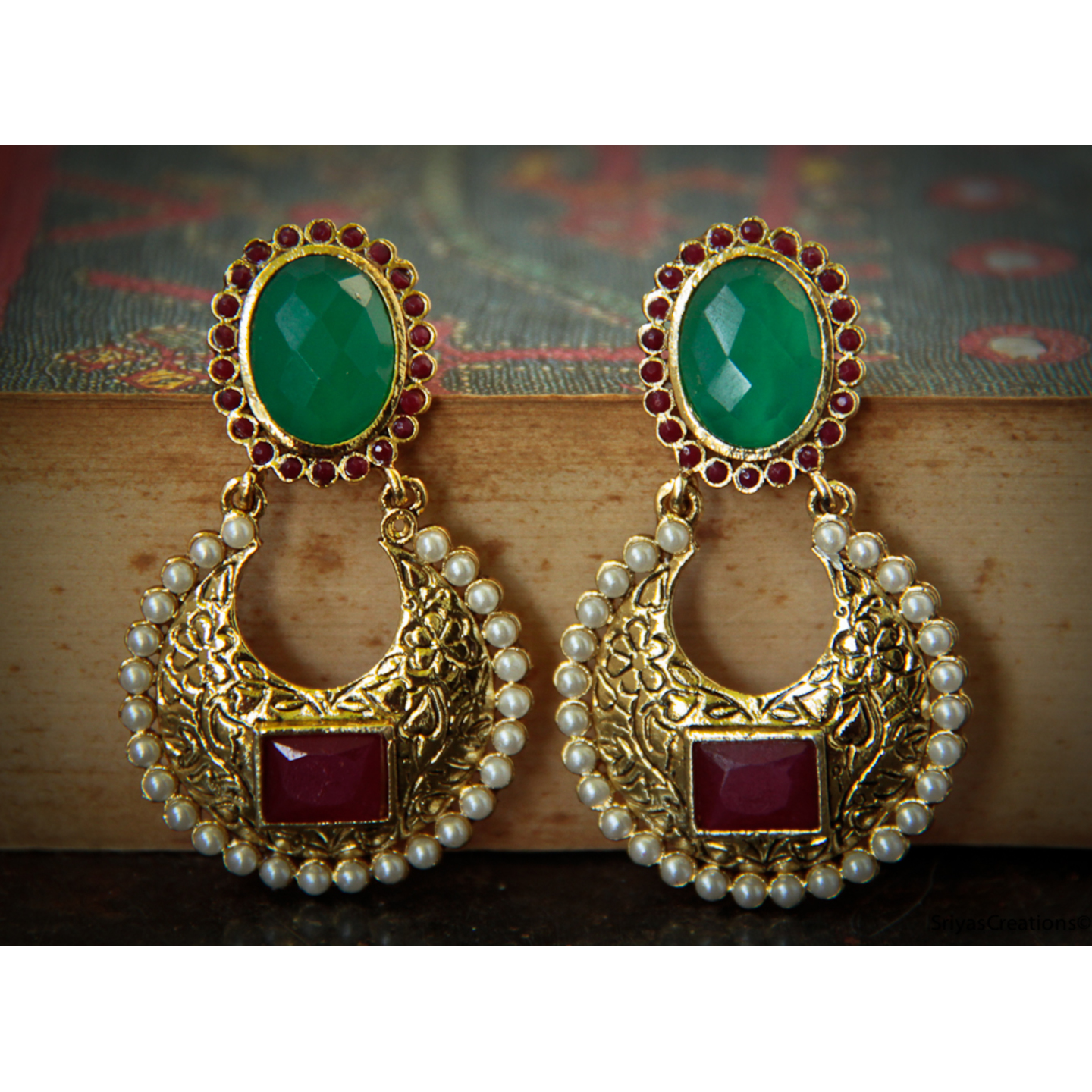 Green Pink Oval Top Danglers