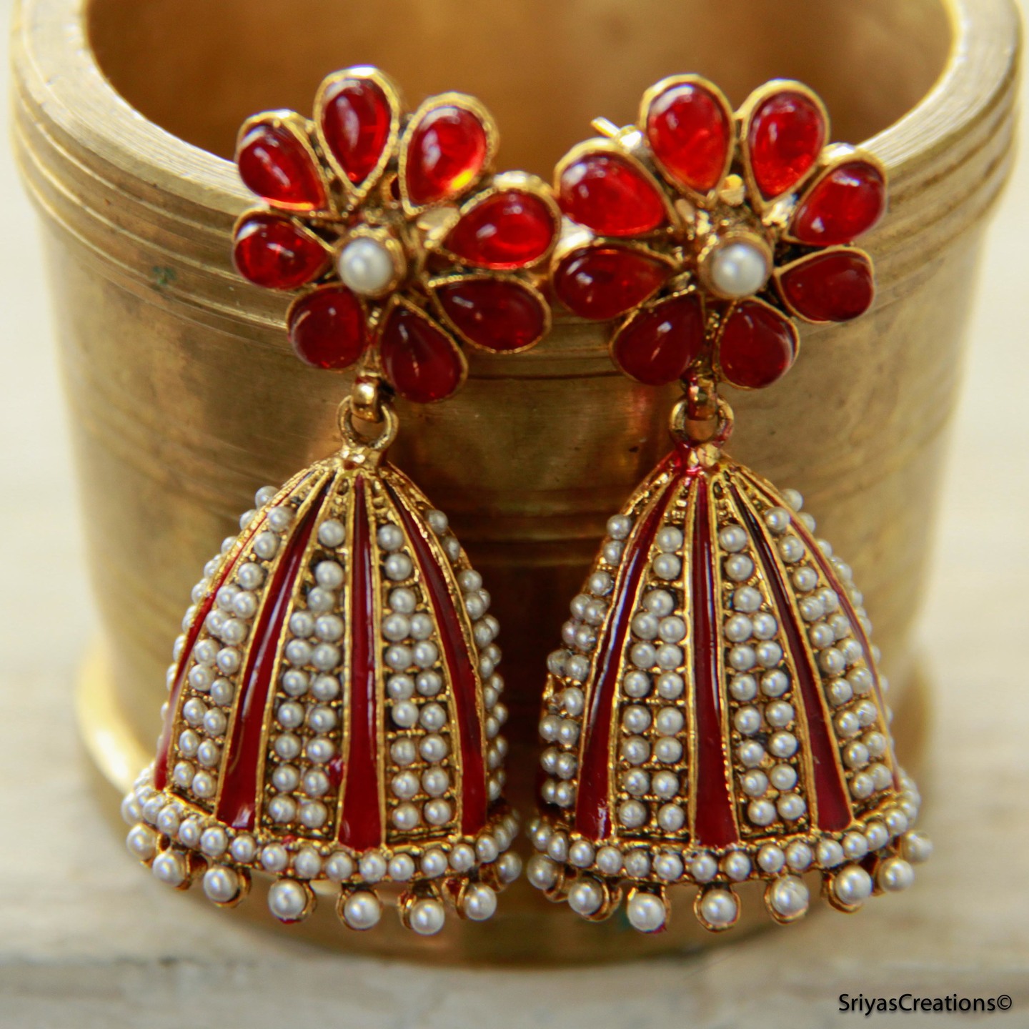 Red Floral Pearl Layer Jumka