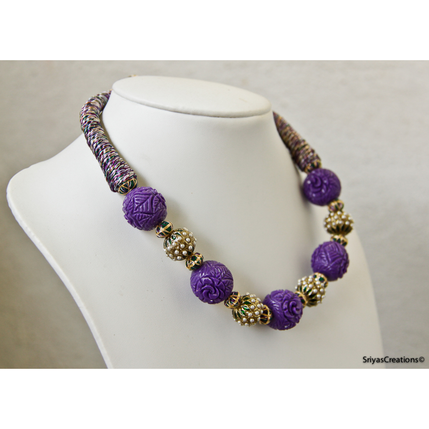 Purple Bead Pearl Enamel Thread Necklace