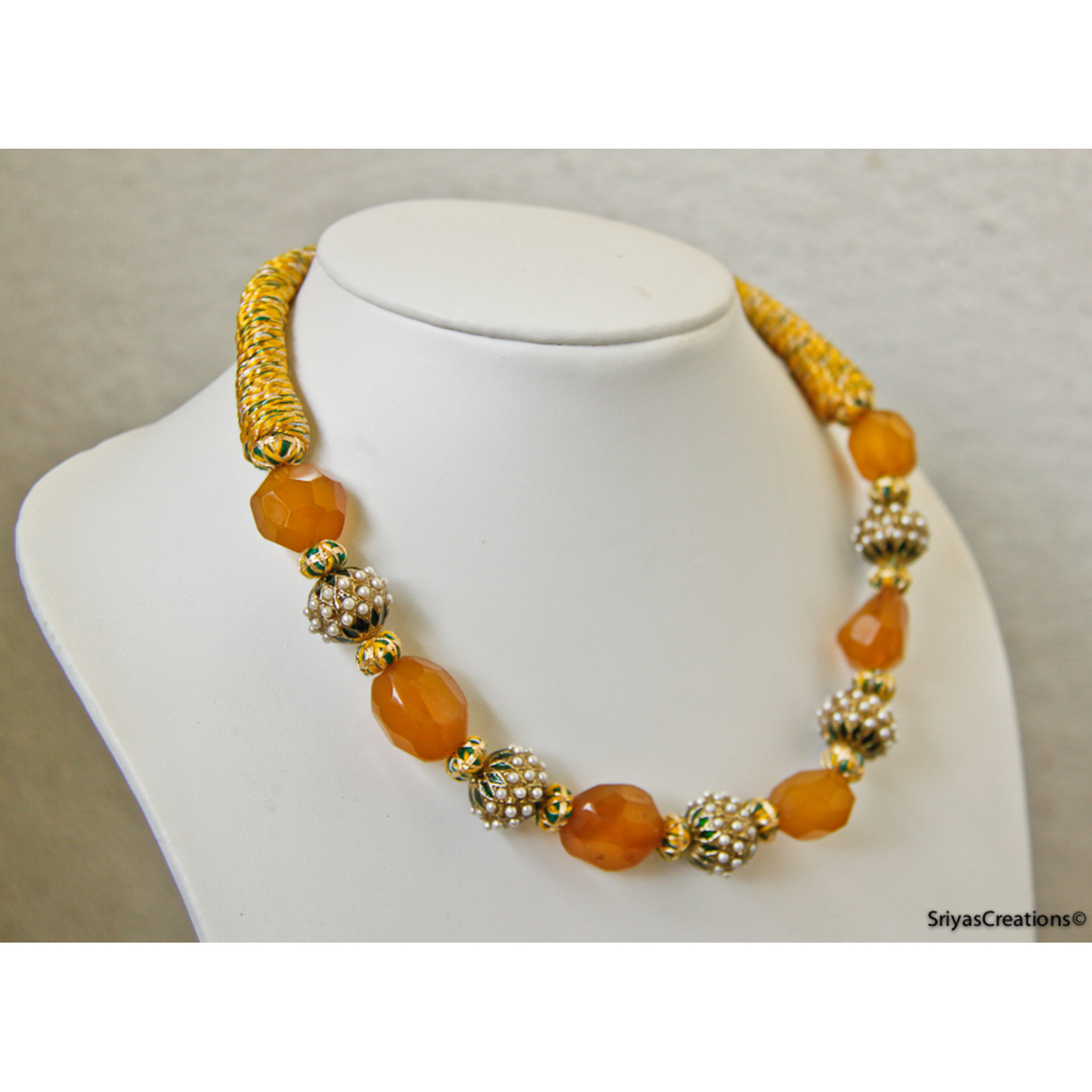 Brownish Yellow Bead Pearl Enamel Thread Necklace