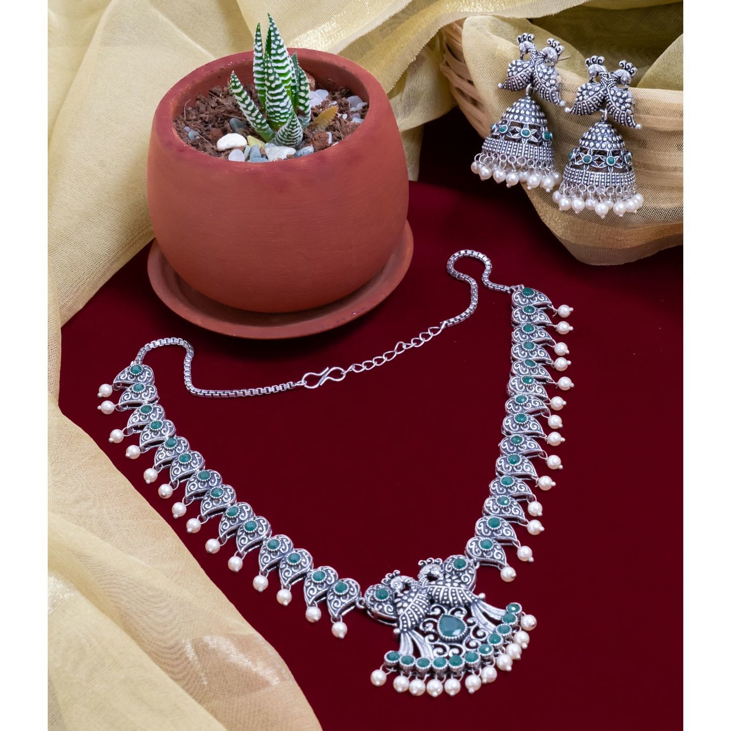 Green Peacock Leaf shaped Neckpiece & Jhumka Earring Set
