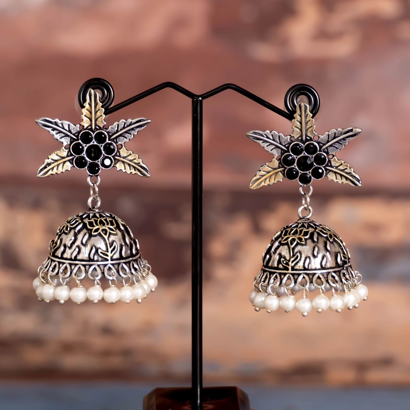 Black Stone Leaf Top Jhumka