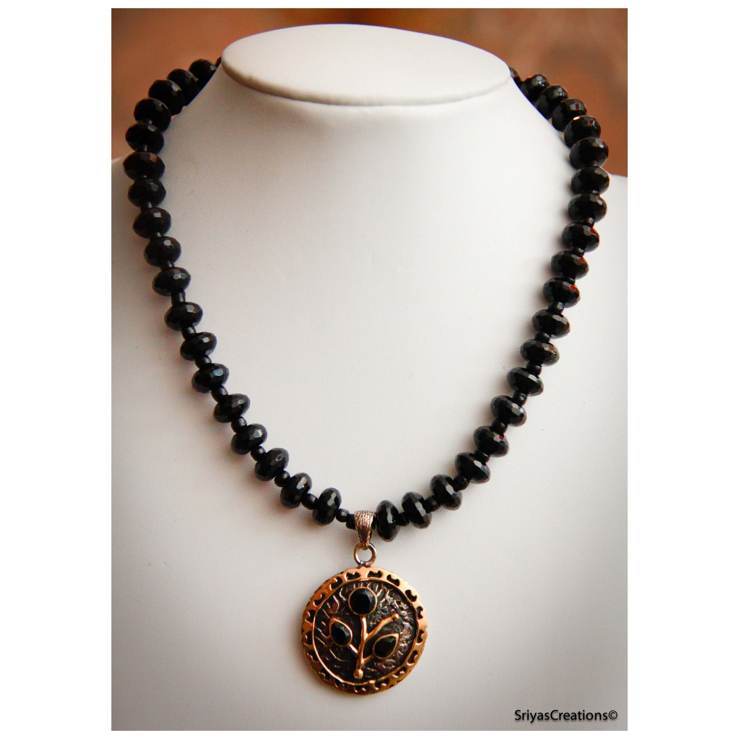 Black Floral Gold Tone Pendant Gemstone Handmade Necklace