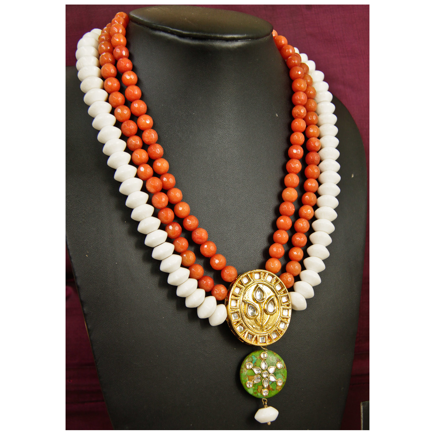 Orange White Green Kundan Agate Layered Necklace