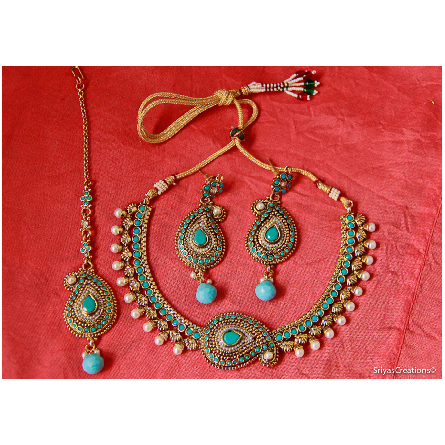 Paisely Stone Embossed Necklace Set -  Turquoise