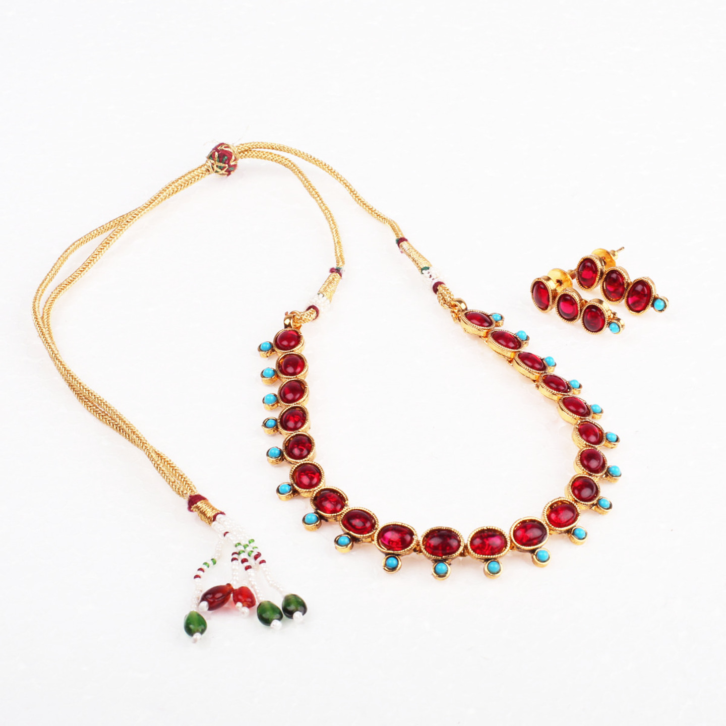 Red Oval  Turquoise Stone Studded Necklace  Earring
