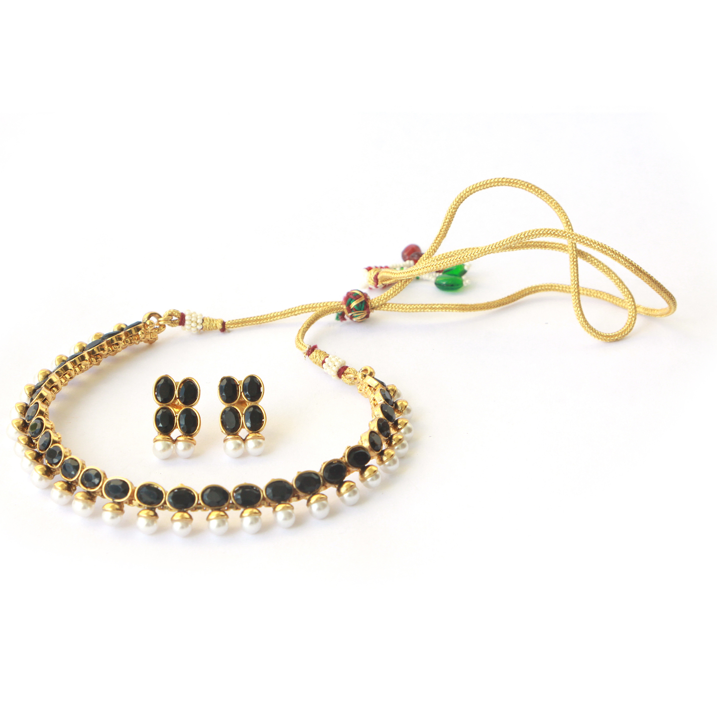Black Oval Stone Pearl Necklace Set